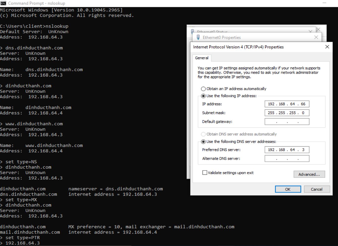 Cài đặt DNS Server trên Ubuntu 22.04: External Network - Set windows client